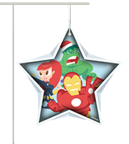 Marvel Characters inside light blue star shape with snowflake background.