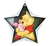 Winnie the Pooh and Piglet hugging inside a white star shape.
