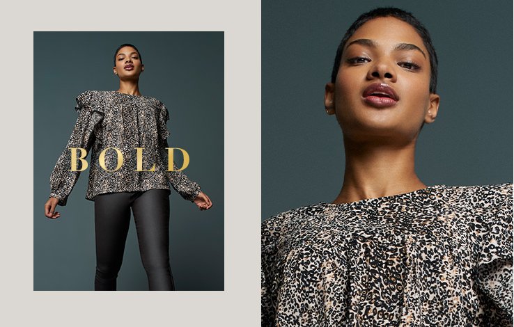 Full length image of woman with short dark hair poses wearing cream and black animal print blouse and black PU trousers with 'bold' gold lettering overlayed next to a zoomed-in version of her.