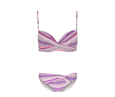 Decorated in a pink and purple print, the bikini top features lightly padded cups and a twist front