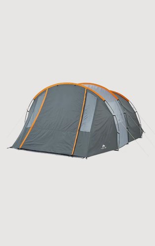 A grey tent with orange accents