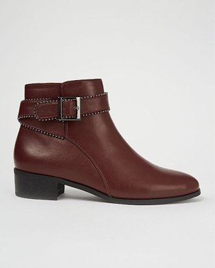 Burgundy studded buckle strap ankle boots