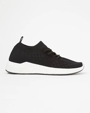 Black trainers with a white sole.