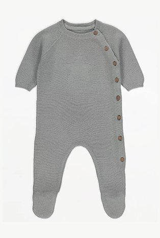 Grey knitted bodysuit with wooden buttons.