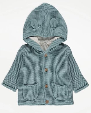Green bunny ears knitted jacket with wooden buttons and pockets.