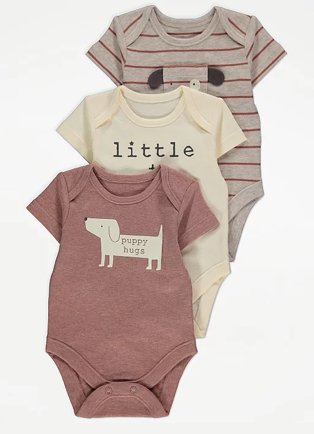 Brown striped bodysuit, cream slogan bodysuit and pink dog print bodysuit.