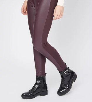 Burgundy panel faux leather leggings with shiny buckle ankle boots.