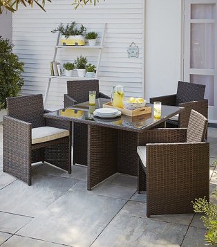 Outdoor area with the Jakarta 5 piece cube patio set with plates and drinks on it