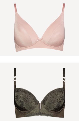 Pink T-shirt bra and black floral lace bra