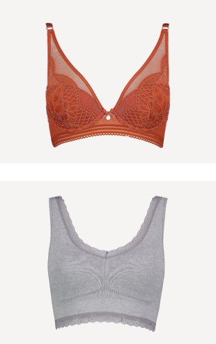 Burnt orange high apex bra and grey lace trim comfort bra