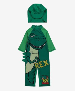 Disney Toy Story Rex green all in one swimsuit and keppi hat.
