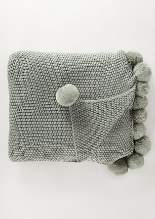 Grey Knitted Pom Pom Throw