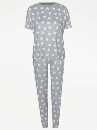 Grey Heart Print Short Sleeve Pyjamas