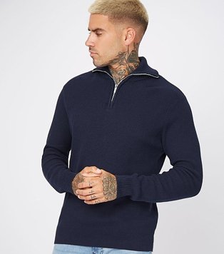 Mean wearing a navy jumper with a zip neck detail
