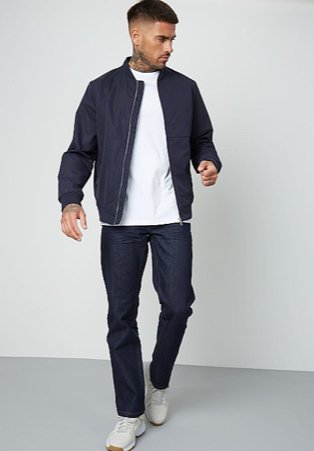 Man wearing navy wash straight fit jeans with a white t-shirt and navy jacket