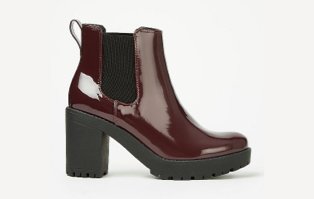 Burgundy patent heeled ankle boots.