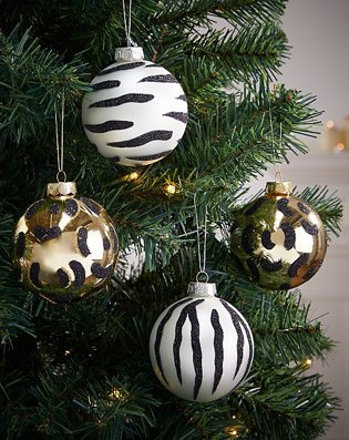 Multi Glass Leopard And Zebra Print Baubles 4-Pack.