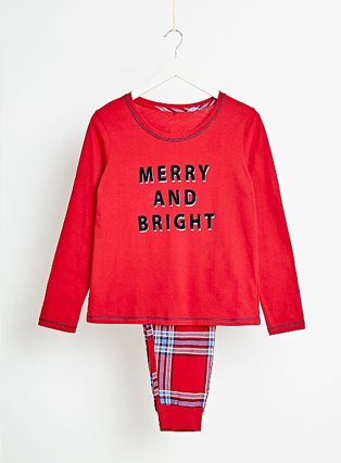 Red 'Merry and Bright' slogan Christmas pyjamas.