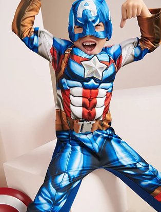 Boy poses wearing Marvel Avengers Captain America Fancy Dress Costume.