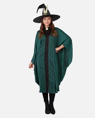 Woman poses wearing Adult Harry Potter Professor McGonagall Fancy Dress Costume.