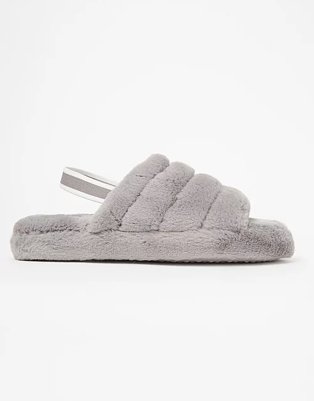 Grey chunky slingback slippers.