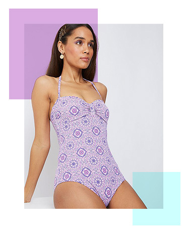 Put your personal style stamp on your poolside look with this purple swimsuit, designed with intricate tile print