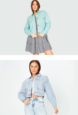 Woman poses wearing tiered tie strap gingham dress and turquoise twill shacket. Woman poses wearing grey ribbed vest, lightweight cropped denim jacket and acid-wash jeans.