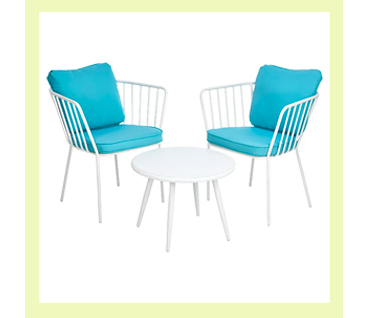 Our Impressions 3 piece bistro set is finished in a classic soft cream with subtle fabrics in a light blue tone