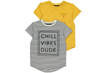 This two pack of T-shirts includes a summery yellow option and a grey striped with slogan