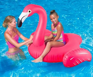 Swimming pool features woman wearing pink bikini smiling at young girl on summer waves flamingo ride-on float wearing multicoloured swimsuit.