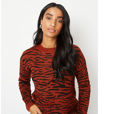 Woman wearing a rust coloured tiger print jumper