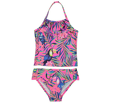 This brightly coloured tankini and bottoms set will make them stand out when swimming with you in the pool