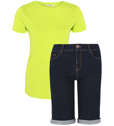 Pair denim shorts with a vibrant neon green top