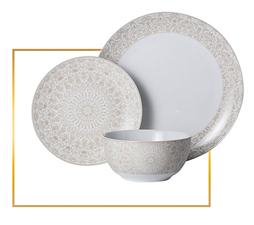 This gorgeous 12 piece dinner set is decorated with a pretty sunbaked pattern