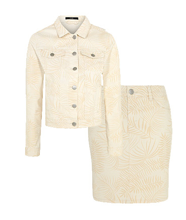 Rock a cream co-ord jacket and skirt designed with palm leaves 