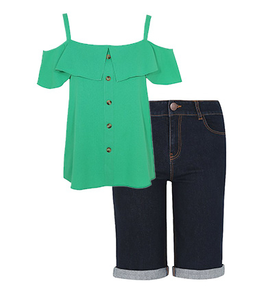 Break up your denim with a vibrant green cold shoulder top