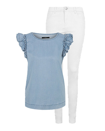 Switch up your look with a frilly denim top and white jeans
