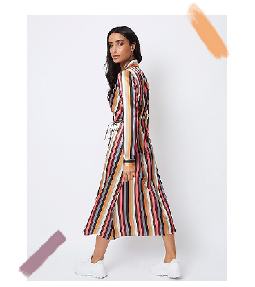 Revamp your occasion wardrobe with this slinky satin midi dress with stripes