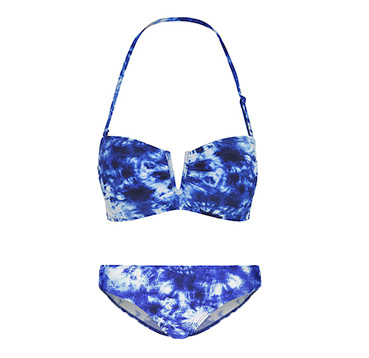 This blue tie-dye bikini features a halter neck top and matching bottoms