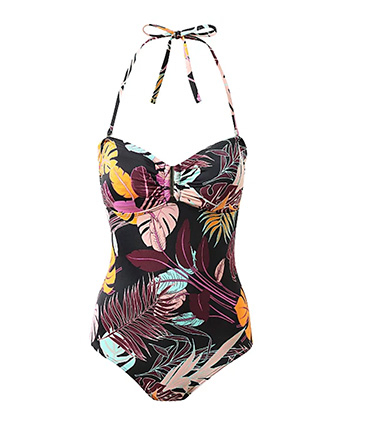 Designed with a colourful tropical print, this bodysculpt swimsuit features a retro bar detail and halter straps