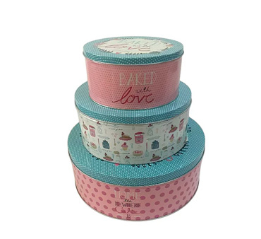 Three cake storage tins of varying size stacked