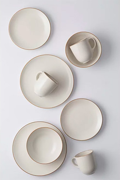 Birds eye view of dinner set including plates, side plates, bowls and mugs