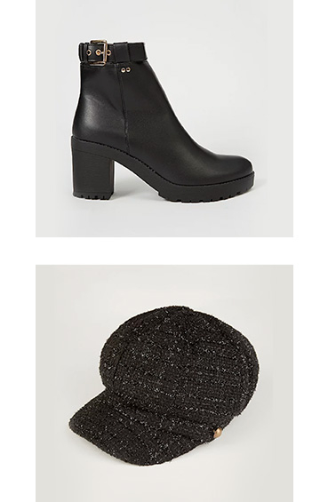 Product images of black heeled boot with buckle and black baker boy hat