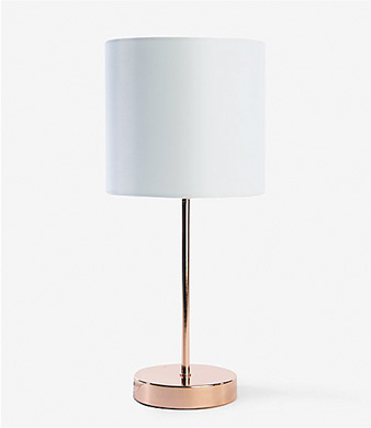 Table lamp with white shade and rose gold base