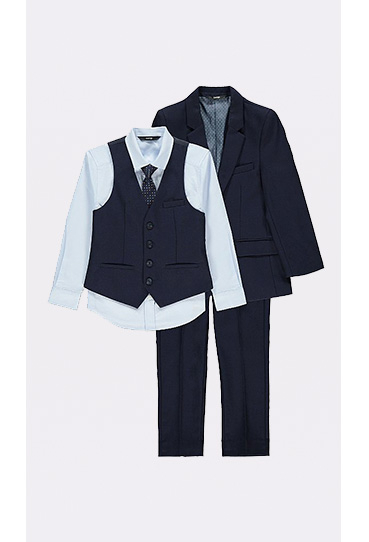 Product image of navy suit and matching shirt and waistcoat