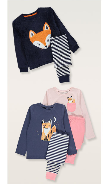 Long sleeve kids' pyjama sets designed with foxes in black, blue and pink