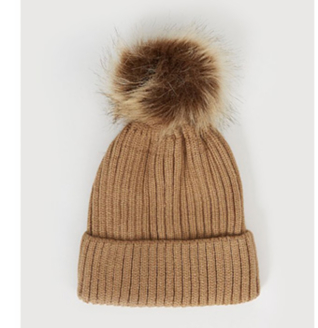 Beige faux fur pom pom hat