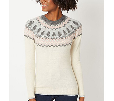 Woman wearing a cream jumper with a patterned neckline designed with zig-zags and Christmas trees