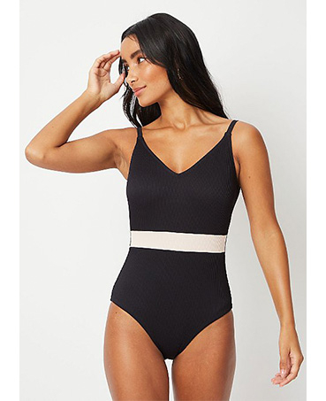 Black ribbed band plunge swimsuit