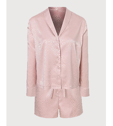 Product image of a pink leopard print satin pyjama shirt and shorts